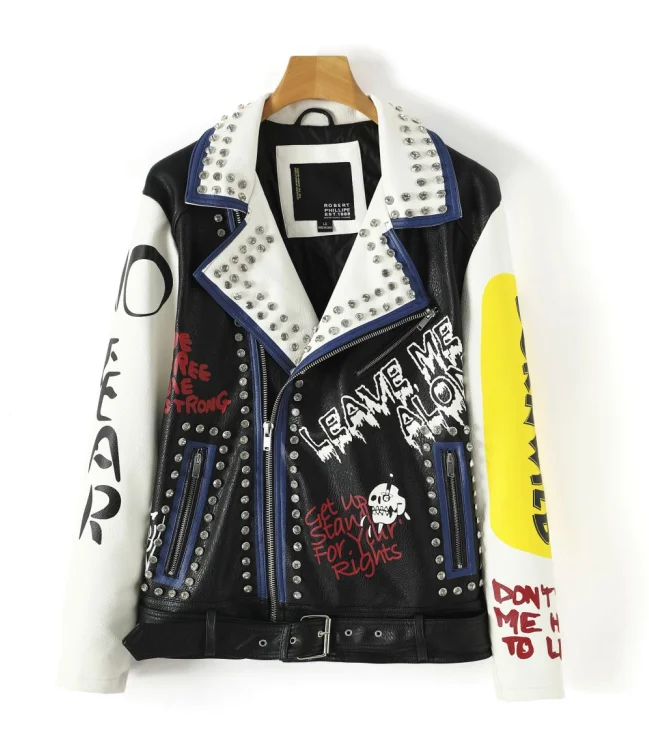 

Top Fashion New Style Popular Graffiti Printed leather jacket men Diamond fashion Leather jackets coats