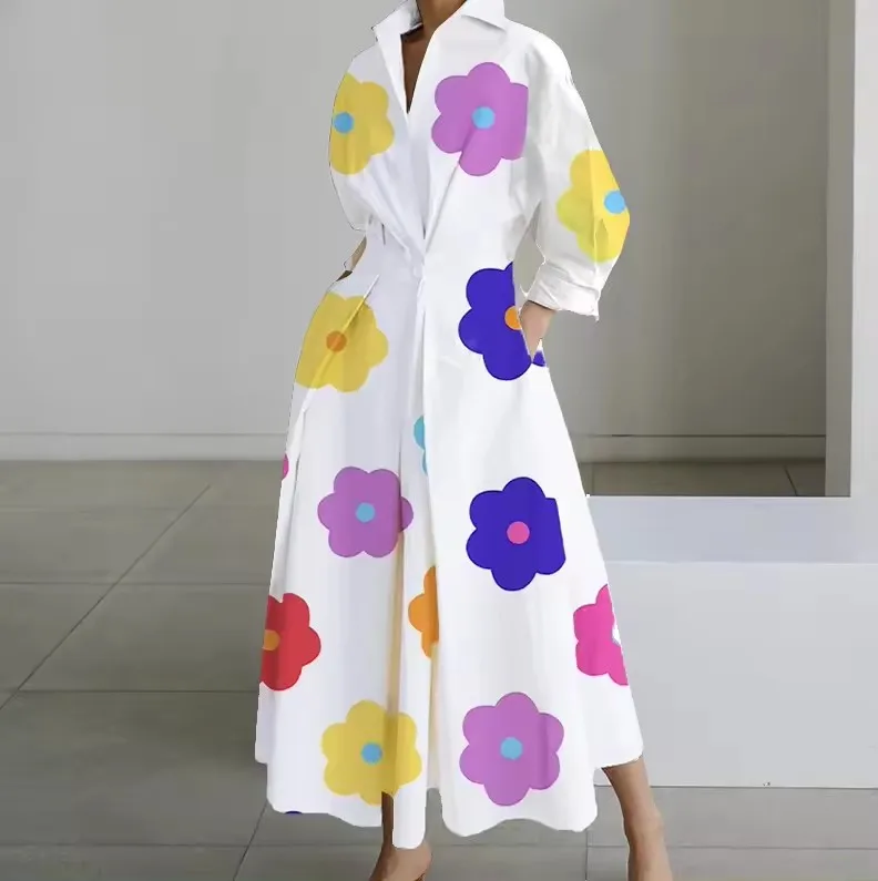 S-2XL Long Sleeve Dot Print Elegant Maxi Dresses for Women 2025 White Casual V Neck Shirt Party Long Dress Robe Femme