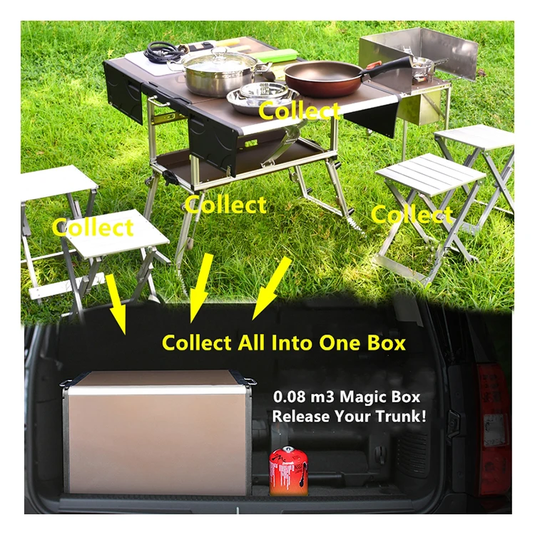 
5-8 Person Outdoor Camping Kitchen Stand Foldable Picnic Table Folding Mesa De Camping Table With Cup Holder And Cookware Set 