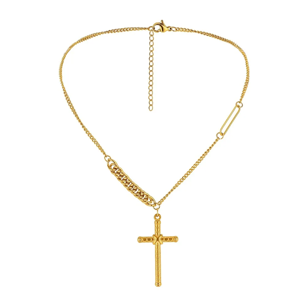 

Fashion Real 18K Gold Plated Mixed Chain Stainless Steel Cross Necklace Cross Pendant Necklace for women