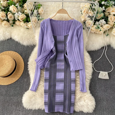 

2020 Autumn Winter Women Fashion Knitted Coat And Mini Dress Women Clothing Two Piece Sets