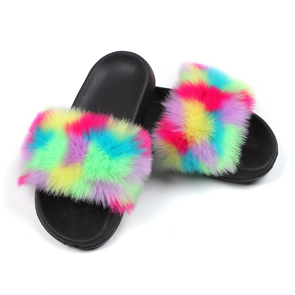 

2021 ladies fashion wholesale plush outdoor slippers summer artificial fur home sandals and slippers, Customized color