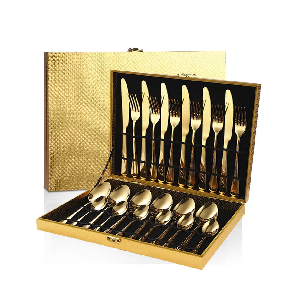 

Brilliant Custom Metal 24pcs Gold Cutlery Set Stainless Steel Dinnerware Spoon Fork Knife with Wooden Box for Hotel