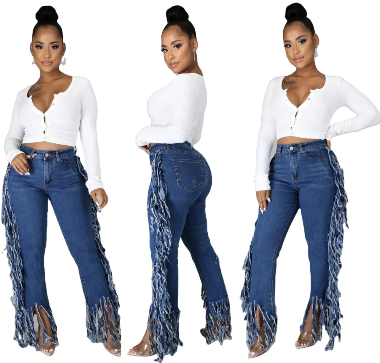 

Amazon new hot European American women sexy fringed wash jeans trousers 2021 latest slim denim jeans