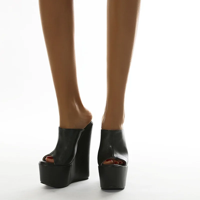 

Women Wedge Heel Platform Sandal Simple Plain Fashion Fish Mouth Open Toe Pu High Heel Sandals Slippers