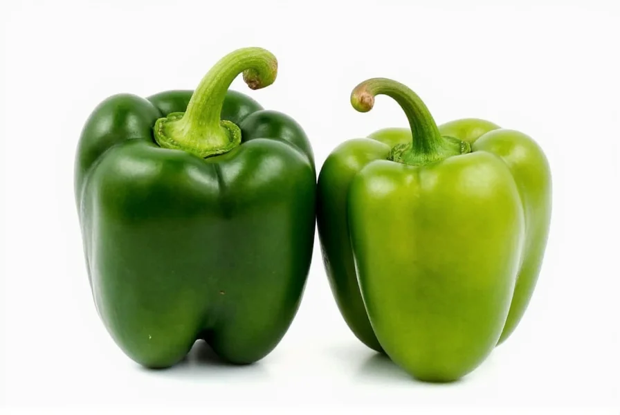 Side-by-side comparison of fresh poblano and jalapeño peppers showing size difference and color variations