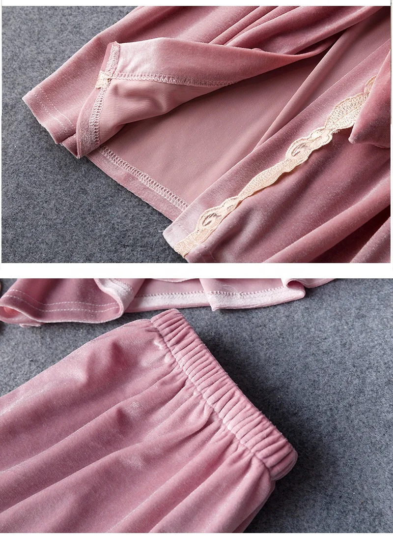 
Gold Velvet 4 Pieces Kit Ladies Lace Robe Sexy Sleeveless Nightwear Pajamas Sets Sleepwear Women 