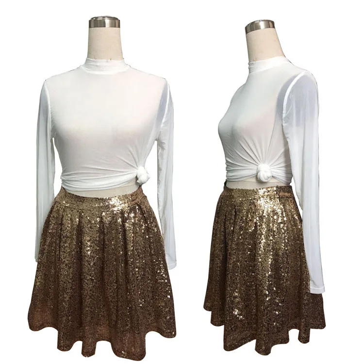 

women fashion sexy gold sequined skirt lady pleated skirt, Golden