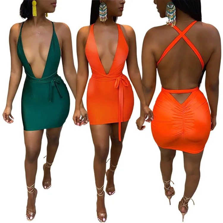 

GL6363 V-Neck Pleats Sexy Summer Dresses Club Dresses Women Clothing Backless Dress