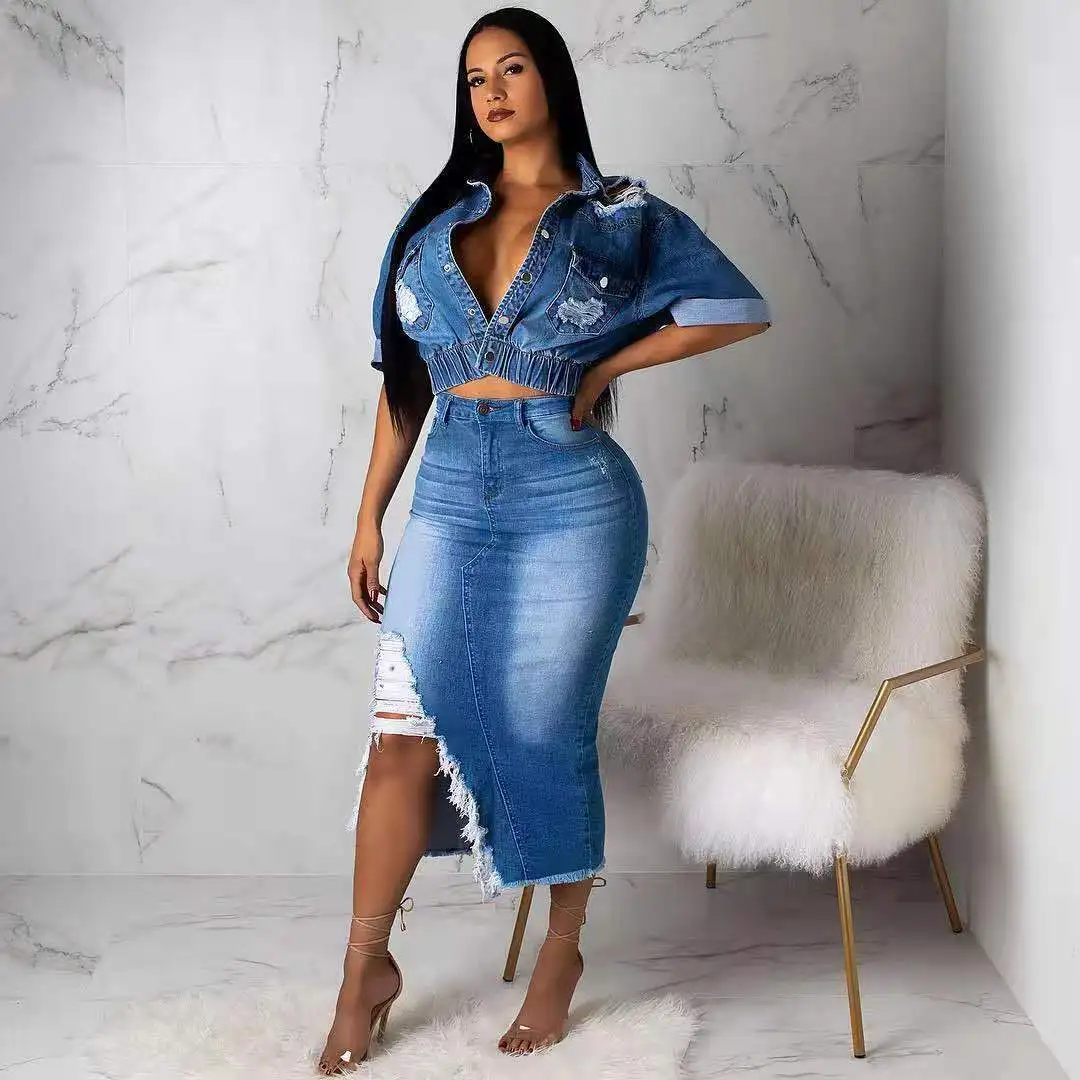 

womens clothing bodysuit blank denim crop top and skirt two piece jean set