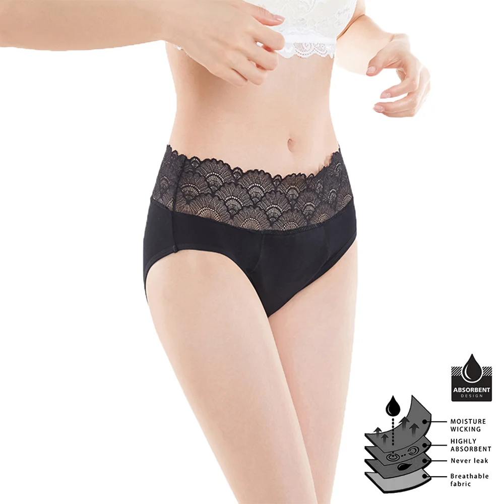 

Wholesale Absorbency Menstrual Underwear 4 Layer Leak Proof Seamless Lace Period Panties, Black/customized colors