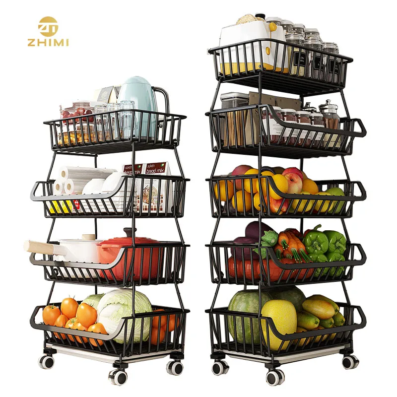 

Multilayer Vegetable Fruit Rack Rolling Stackable Metal Storage Basket with Lockable Casters