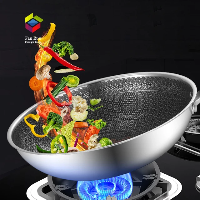 

Stainless steel non-stick pan honeycomb scratch-resistant pan upright ventilated and tempered glass lid wok, Stainless steel color