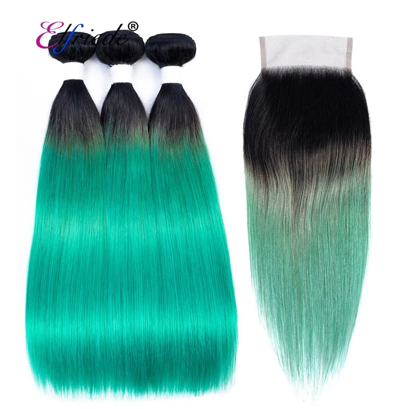

#T 1B/Jade Green Straight Ombre Hair Bundles with Lace Closure 4"x4" Brazilian Remy Human Hair Wefts with Closure JCXT-396