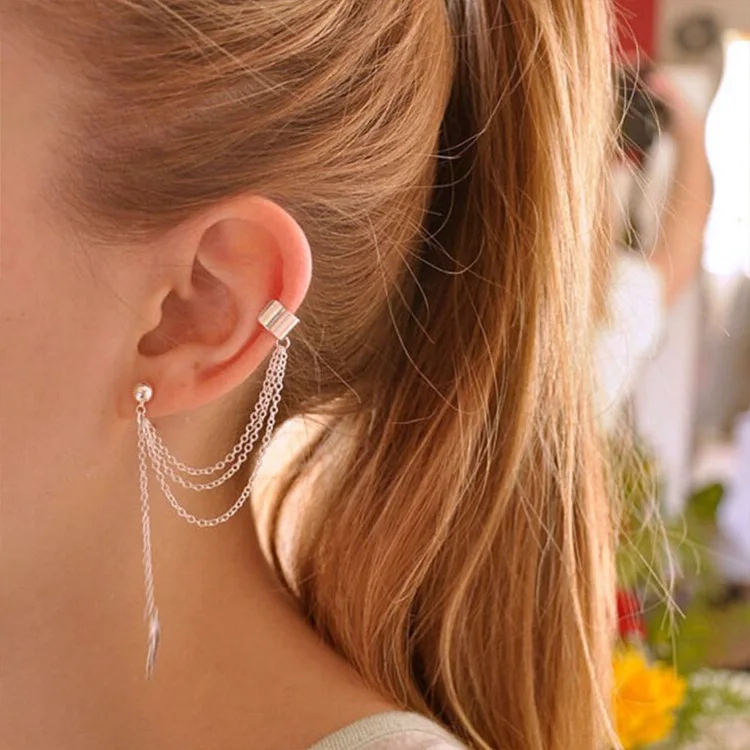 

New Arrival European and American Personality Single Ear Clip Metal Leaf Tassel Ladies Earrings, 2 colors