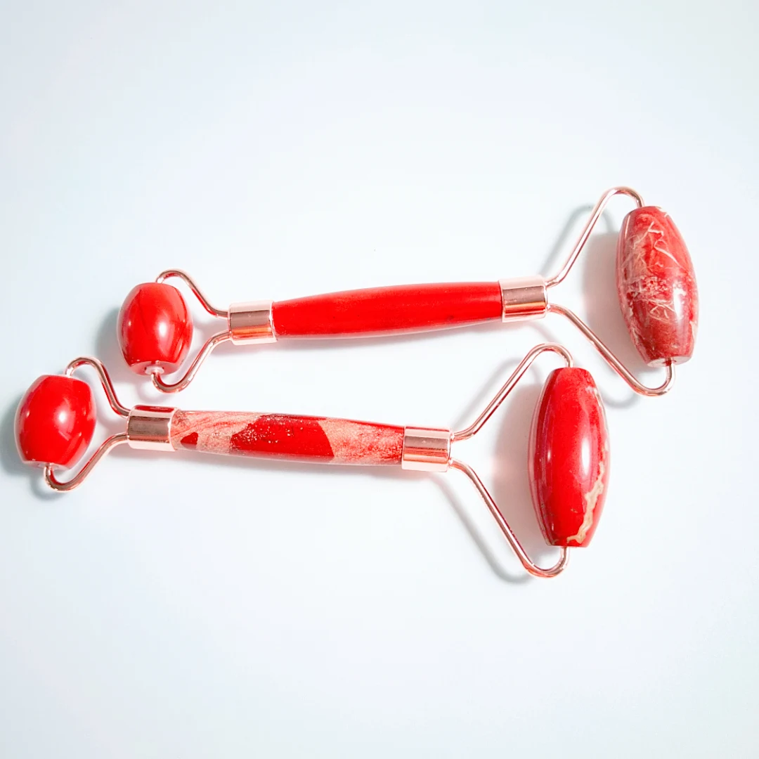 

(Gift Set) Red jasper Facial Jade Roller - Gua Sha + Travel Pouch & Satin Cloth