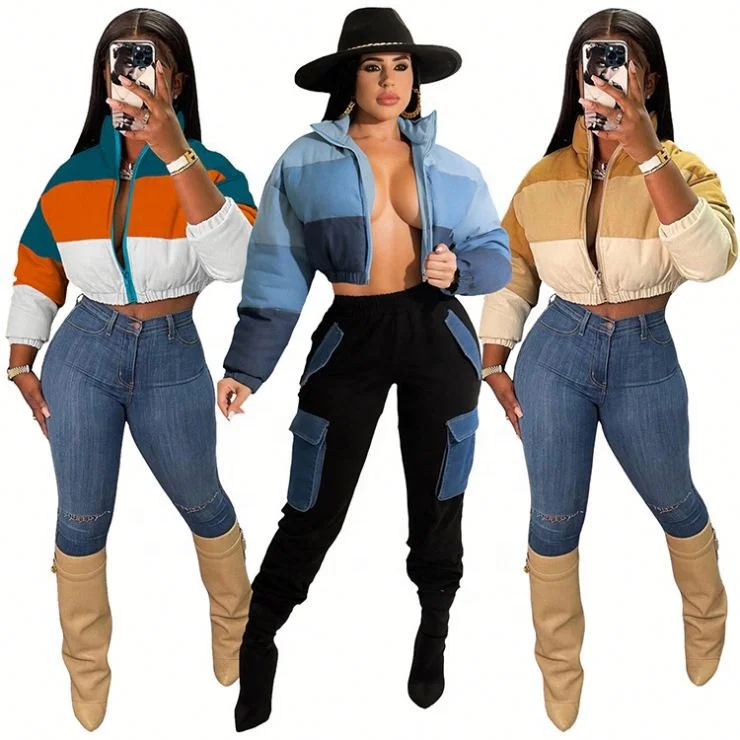 

Winter Coat Womens Patchwork Cropped Jackets Coats Long Sleeve Bubble Winter Coat Puffer Jacket for Ladies