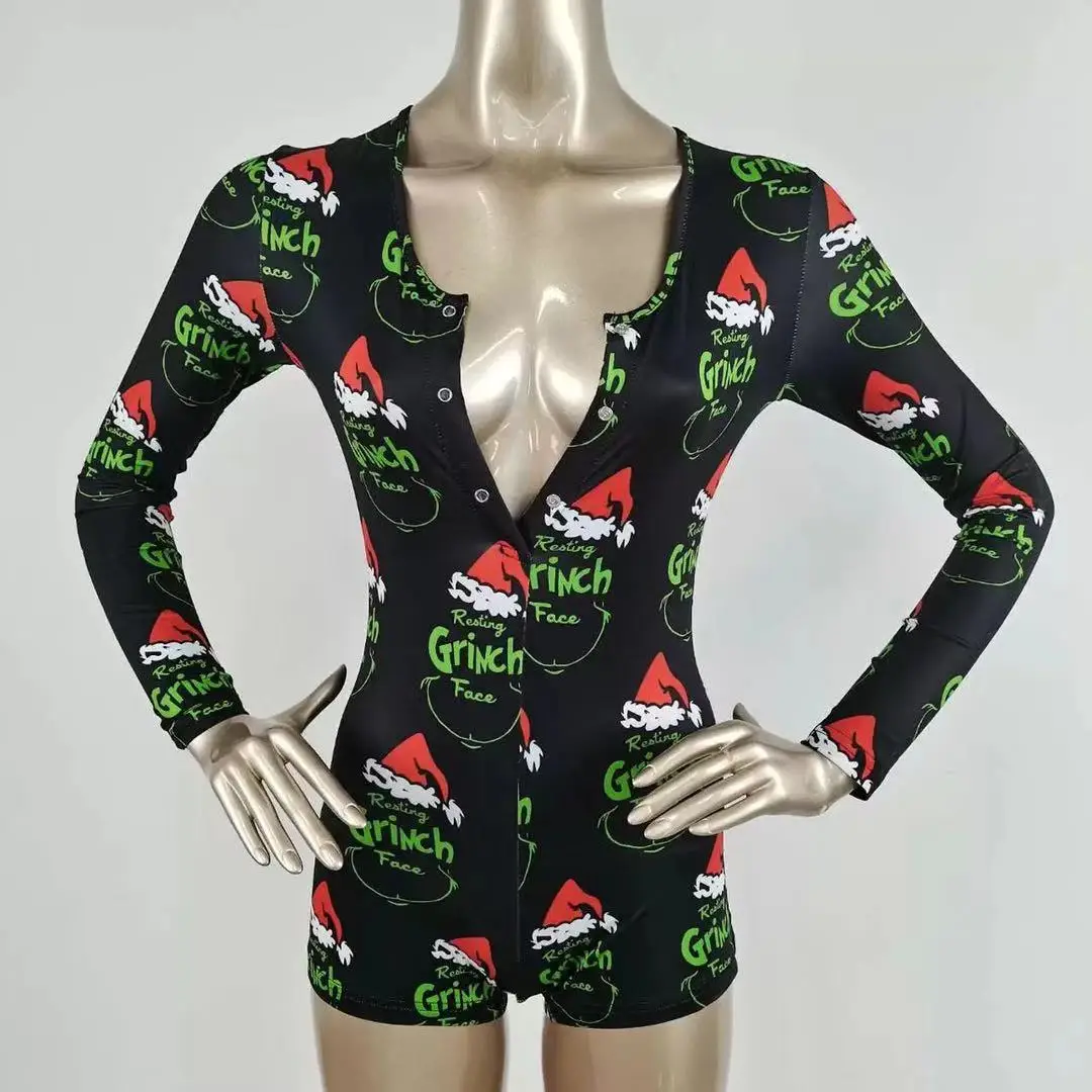 

Sample Free women grinch christmas pajamas custom print adult bonnets with matching onsies, Multicolors
