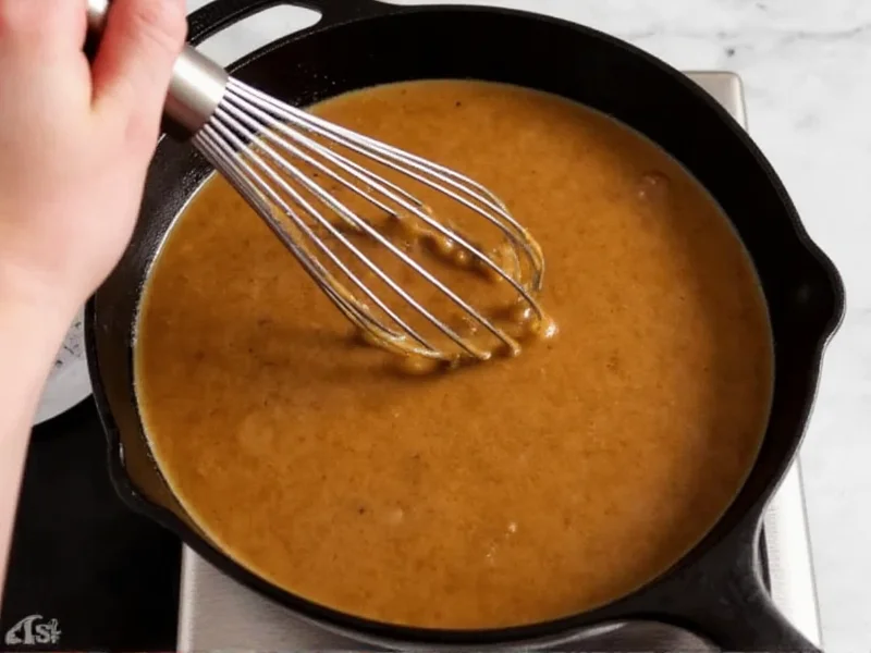 Whisking smooth brown gravy in cast iron skillet