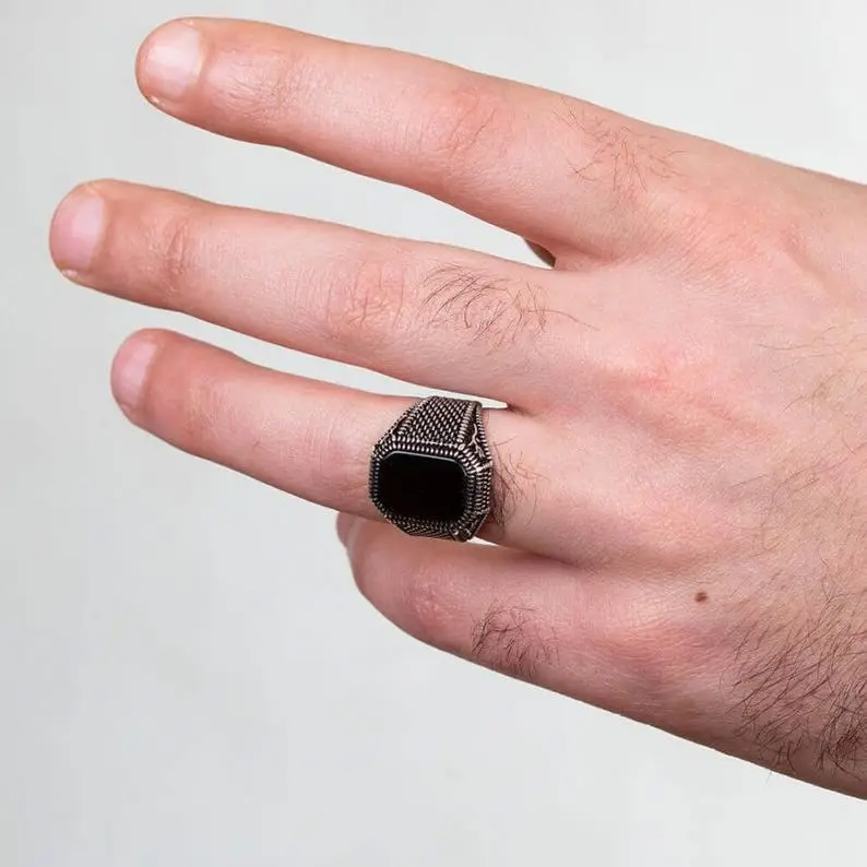 

Wholesale Silver Men Ring Turkish Fashion Custom Black Ring