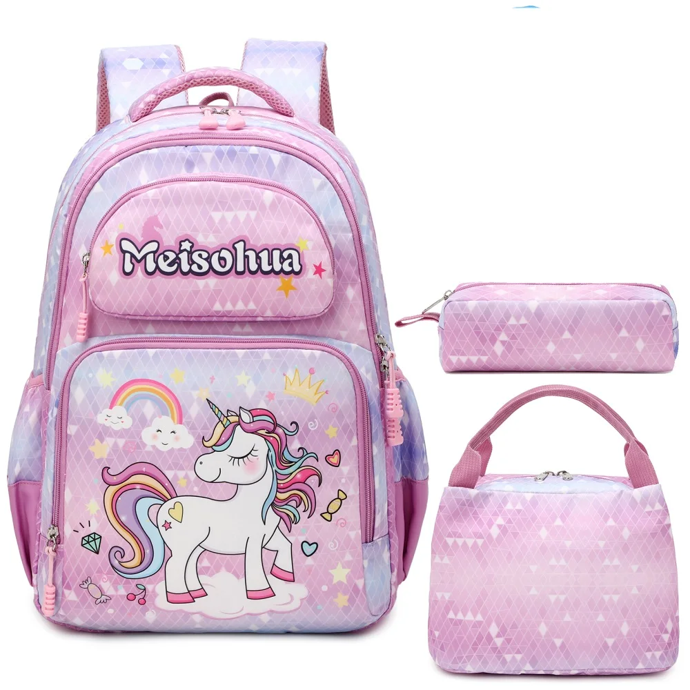 

Fashion girls unicorn design school bag kids backpacks with lunch box and pencil case, Pink