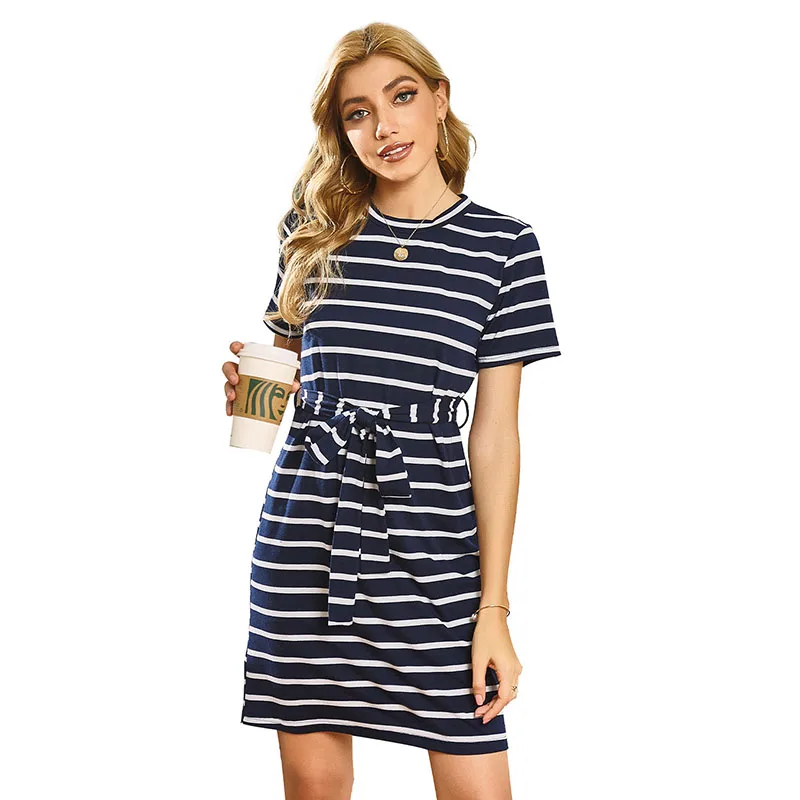 

Summer Simple O Neck Stripe Bandage T Shirt Dress Casual Women Streetwear Household Dresses, Blue
