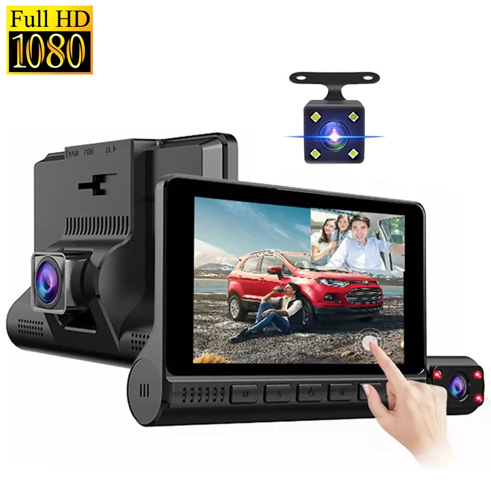 

3 Cam In 1 Car DVR Dash Cam Dual Lens Front Camera 4-Inch Touch Screen Full HD 1080P WDR Black Box and Rear View Reverse Dashcam