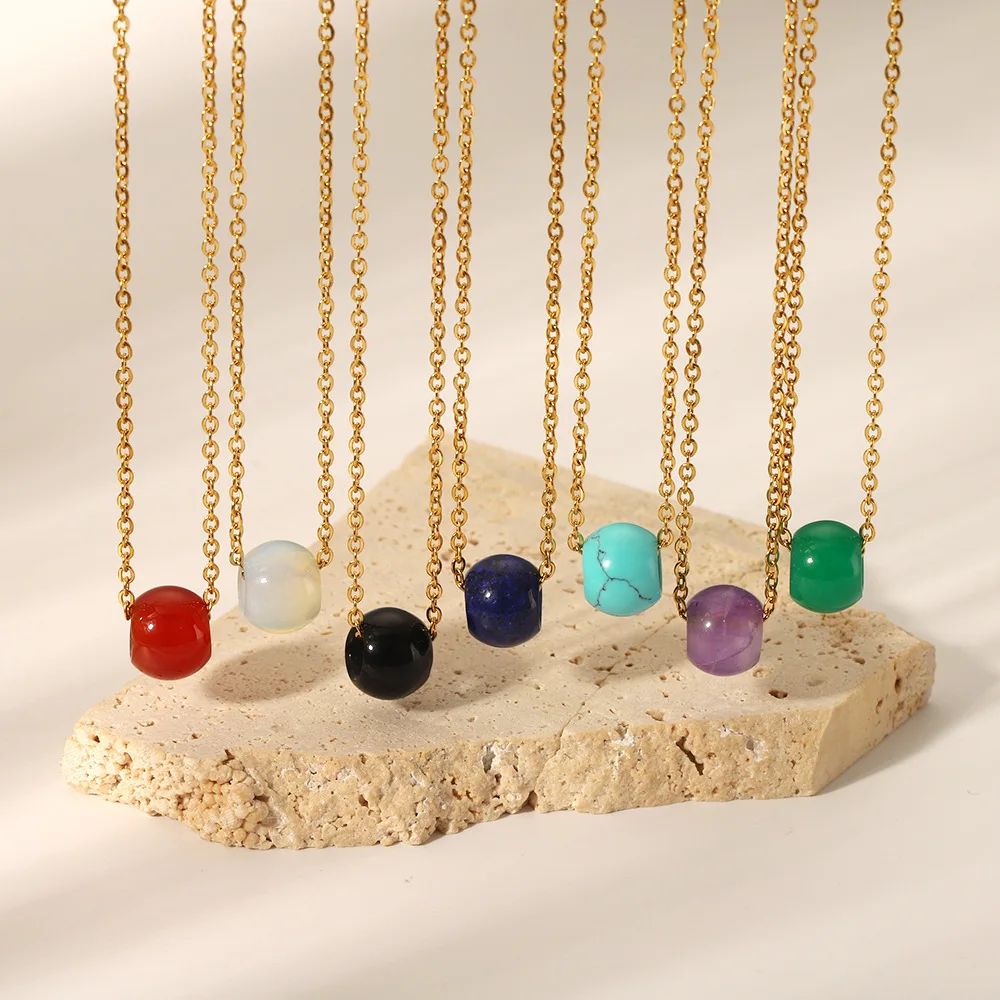 Minimalism Fashion Stone Jewelry Waterproof 18K Gold Stainless Steel Link Chain Multi Color Round Natural Stone Pendant Necklace