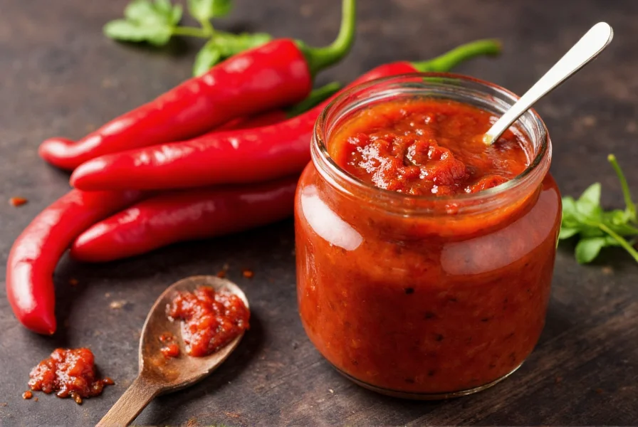 Traditional Turkish red pepper paste in glass jar with fresh peppers and cooking utensils