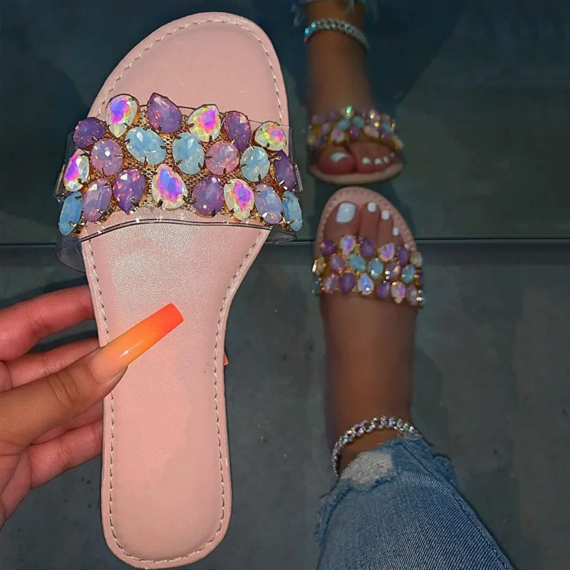 

new design popular Summer flat women slippers for ladies shiny fashion shoes women crystal sandals