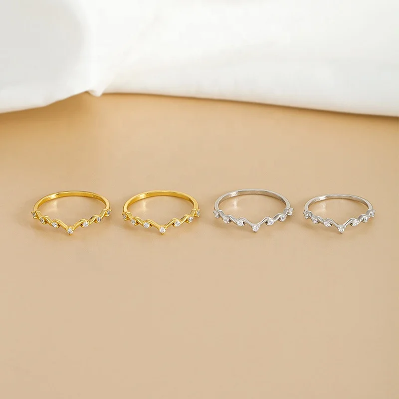 

S925 sterling silver thin Korean fashion exquisite wave zircon gold plated finger band ring for women trendy jewelry