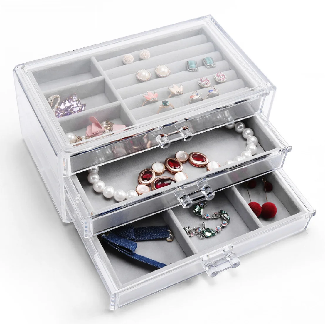 

Women 3 Drawers Velvet Jewelry Organizer Earring Bangle Bracelet Necklace and Rings Storage Clear Acrylic Jewelry case, Kahqi/black/white