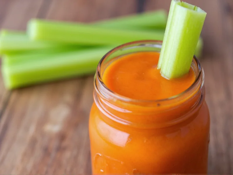 Homemade buffalo sauce in mason jar with fresh celery