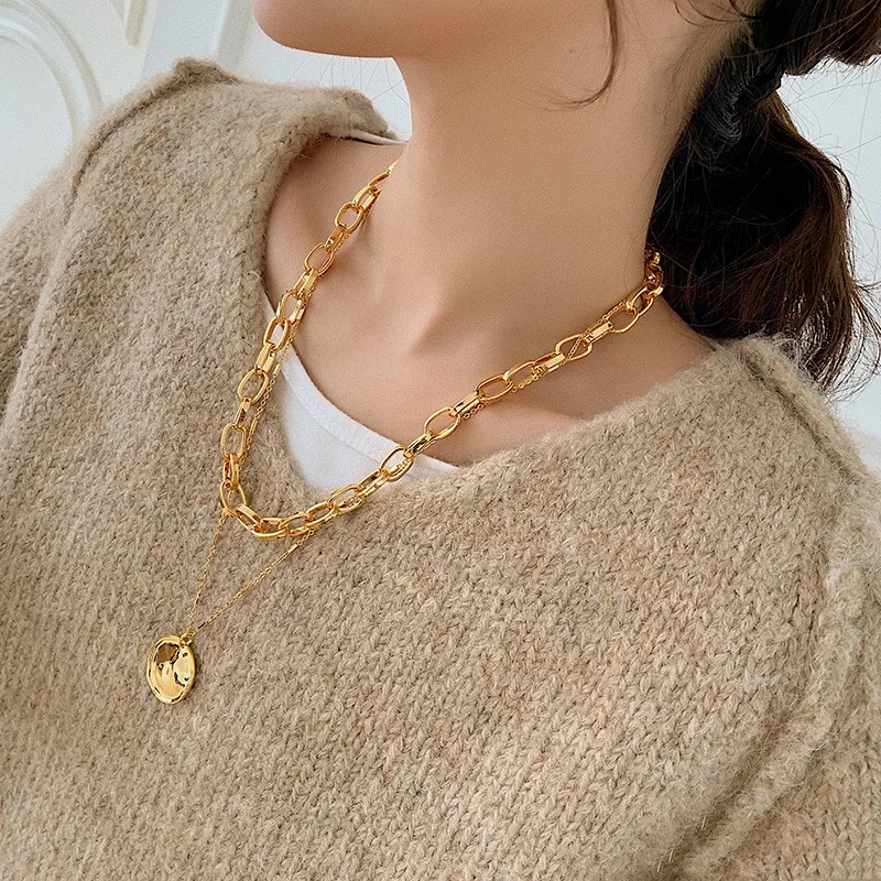 

2020 Newest Arrival Gold Plated Paperclip Link Chain Necklace Solid Disc Sweater Chain Necklace