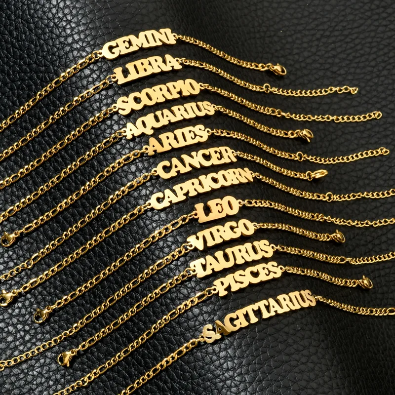 

2021 New Arrivals 18ct Real Gold Plated Cuban Chain 12 Astrology Bracelet Stainless Steel Horoscope Zodiac Bracelet