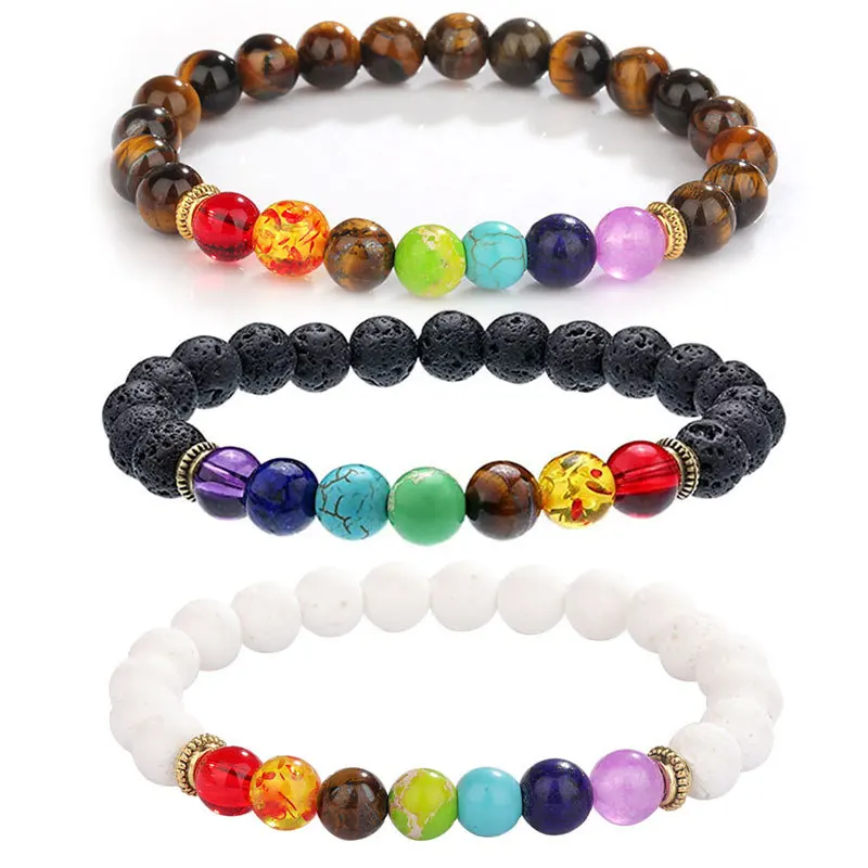 

Lava volcanic stone tiger's eye white turquoise bracelet seven colorful chakras yoga energy beads bracelet