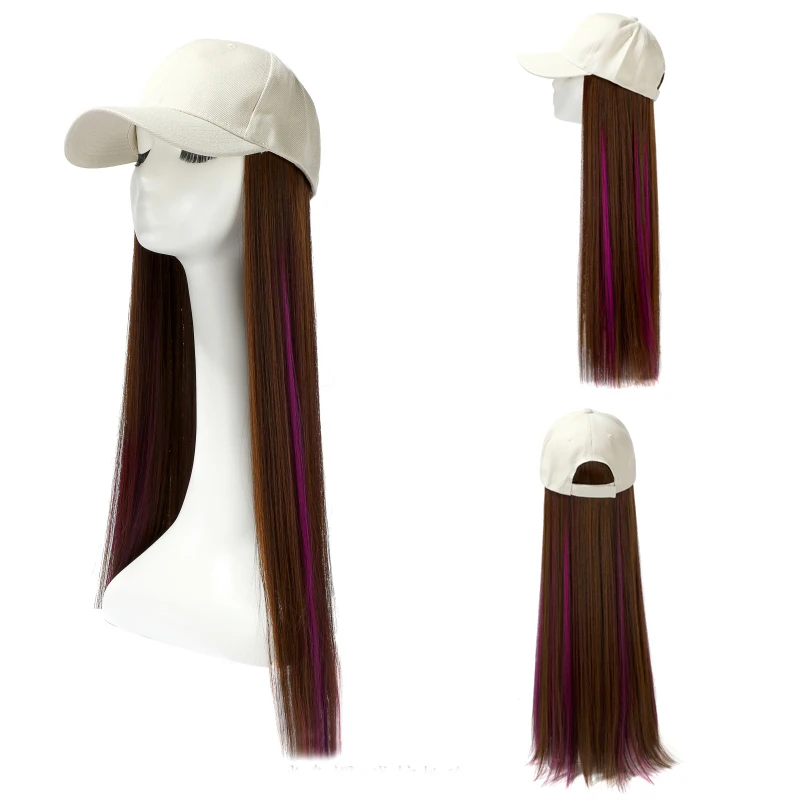 

Fashionable Highlight 22 inch Baseball Cap hat wig Long Straight Hairpiece Outdoor Travel wig hats ponytail hair wigs with hats, Picture