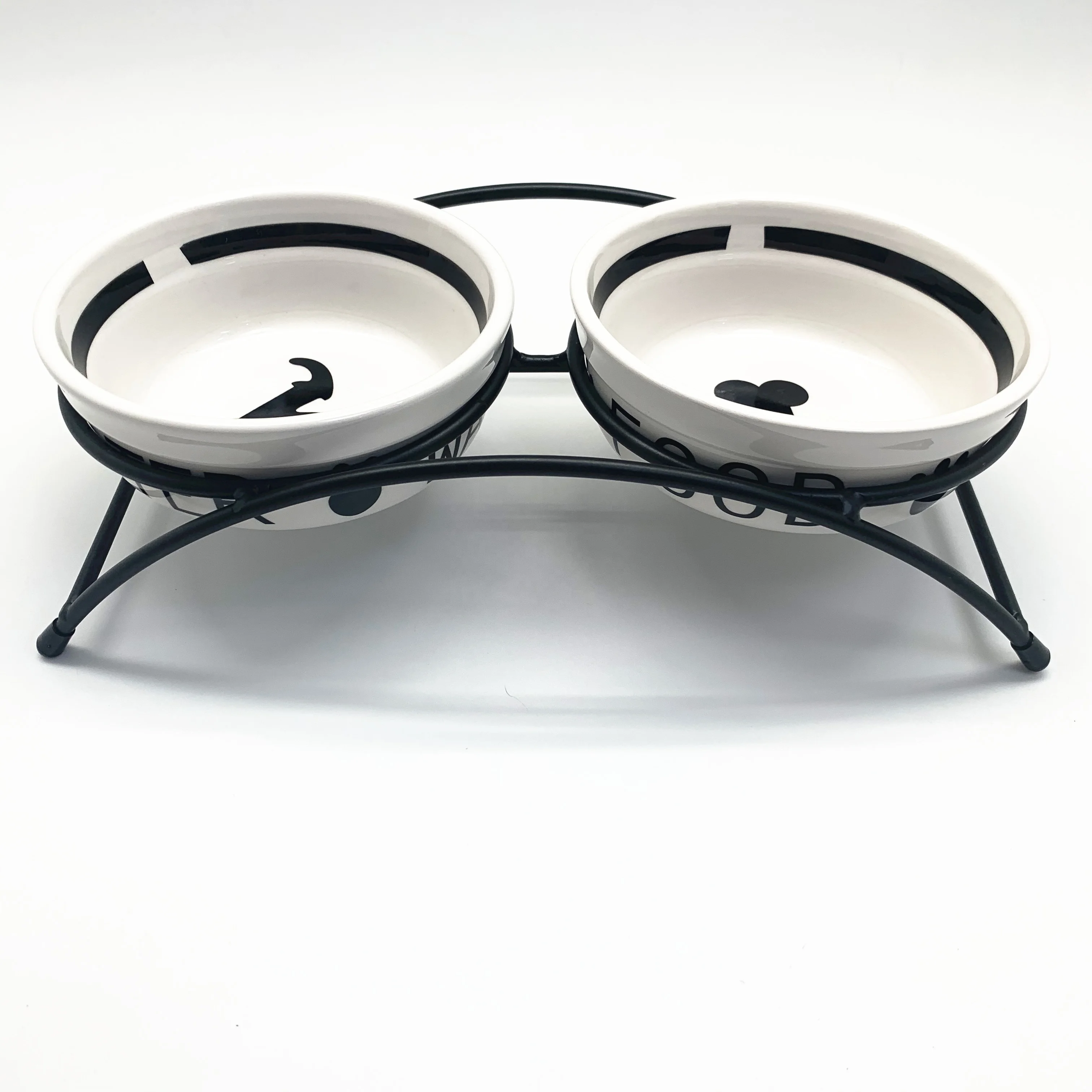 

elevated double ceramic pet food and water feeding bowl with stainless steel stand