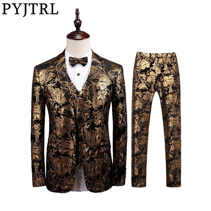 

PYJTRL Mens Gold Pattern Three-piece Set Slim Fit Suits For Wedding Costume Homme Luxe Party Prom Dress Suits Groom Tuxedos
