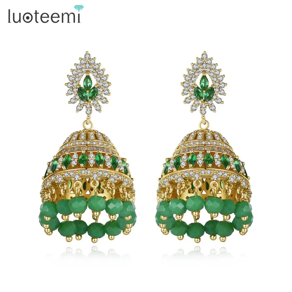 

LUOTEEMI Luxury Big Jhumka Earrings for Wedding High Quality India Jewelry Green Beads Tassel Earring