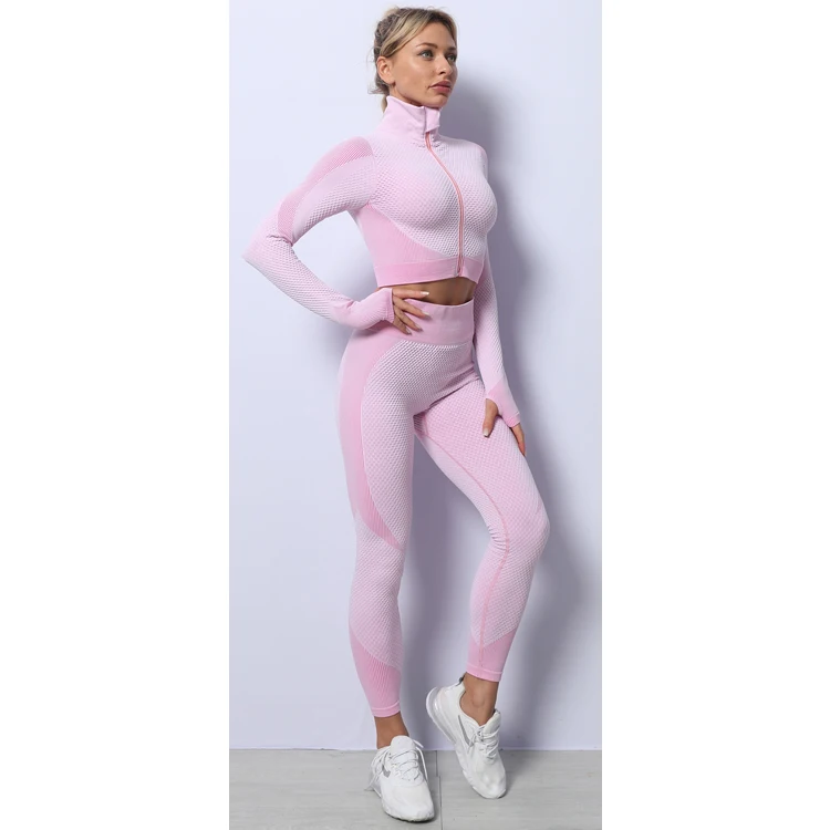 

Seamless Knitted Gym Suit Autumn Winter Solid Color High Elastic 2 Piece Fall New Long Sleeve Yoga Clothes Set with Zipper, 3 colors