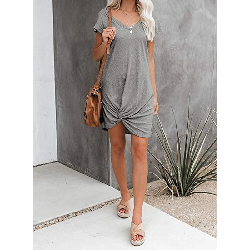 

Rummandy Women Summer Casual Short Sleeve Soft V-Neckline Twisted Hem Jersey Blank T-Shirt Dress, Customized color