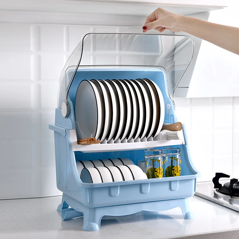 

Multifunction Simple Dish Bowl Rack Plastic Organizer Box Cutlery Kitchen Storage With Transparent Cover, Blue/pink/beige