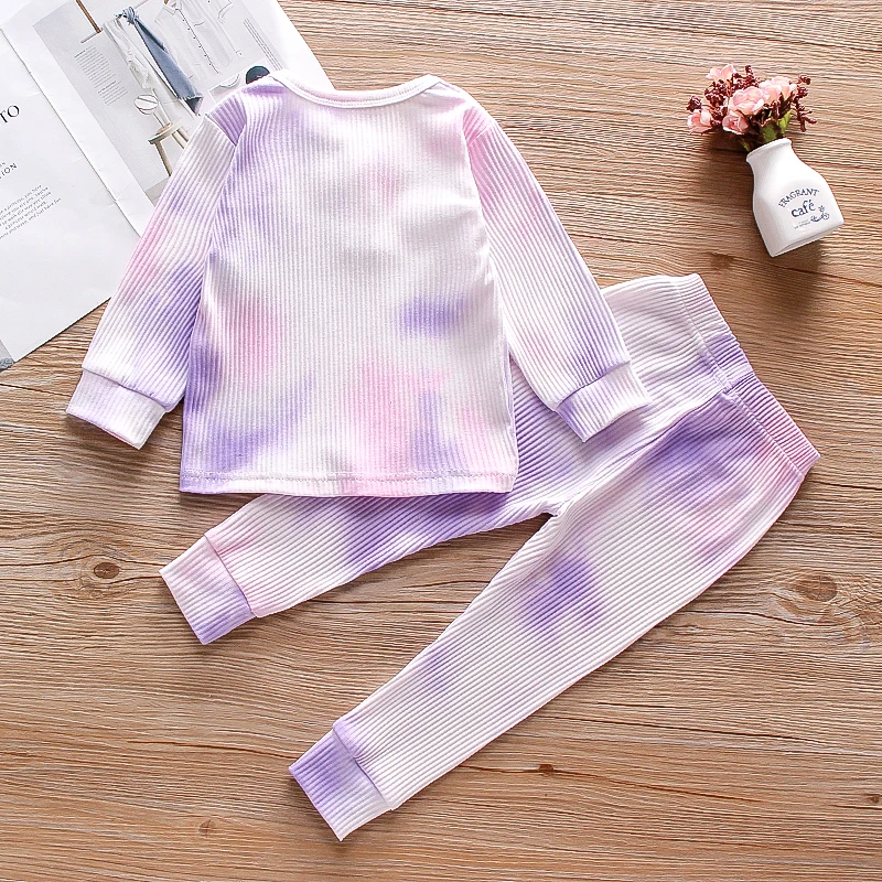 

2021 Zhejiang wholesale infant comfortable cotton long sleeve O-Neck tie dye set for kids solid 6-60 months boys girls clothing, Purple/white.black/green/pink