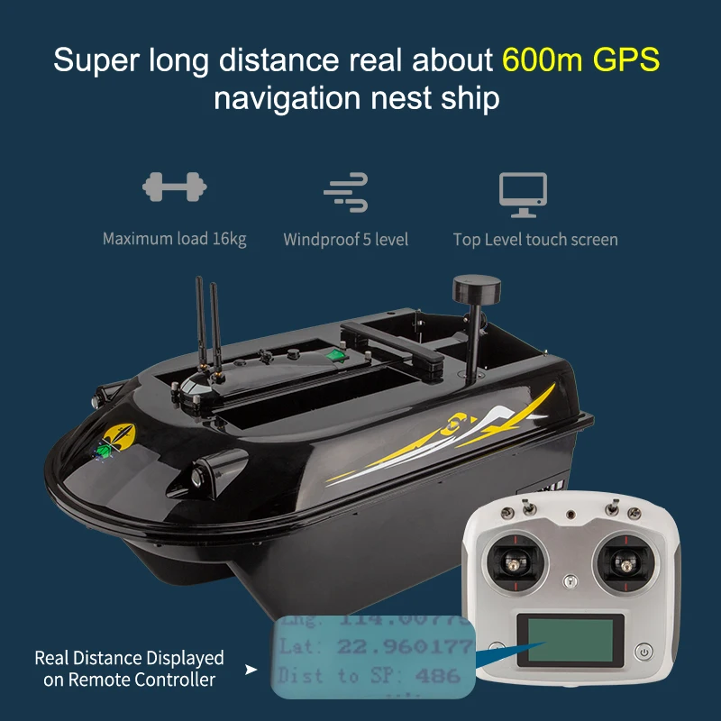 

Factory Fish Finder GPS 8kg Bait Loading 4pcs Hoppers with 0.8kg Motor 500M Remote Control Fishing Bait Boat, Black