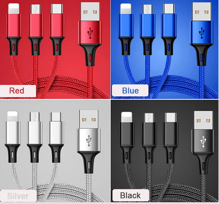 
Mobile phone nylon multi-function charger 3 in 1 USB charging cable 