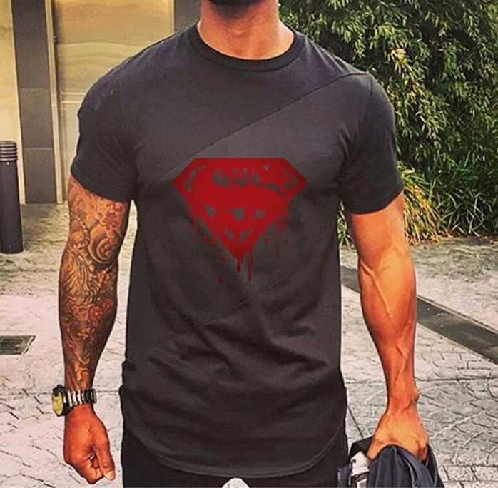 

Wholesale super man printed man loose t shirt elastic sports sweatshirts 165g fashion Patchwork mens gym tshirt