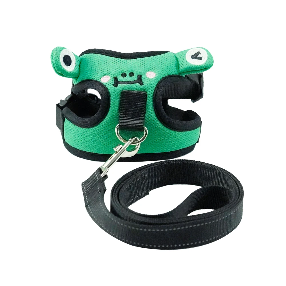 

Frog Embroidered mesh cooling dog summer harness vest leash Corgi Teddy Custom cute pet adjustable Dog Harness set