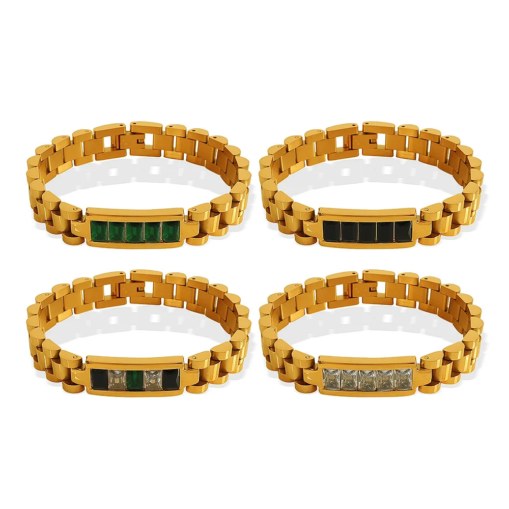 YF3876 Hip Hop Stainless Steel Waterproof Jewelry 18k Gold Plated Thick Chain Colored Zircon Bracelet Hypoallergenicity