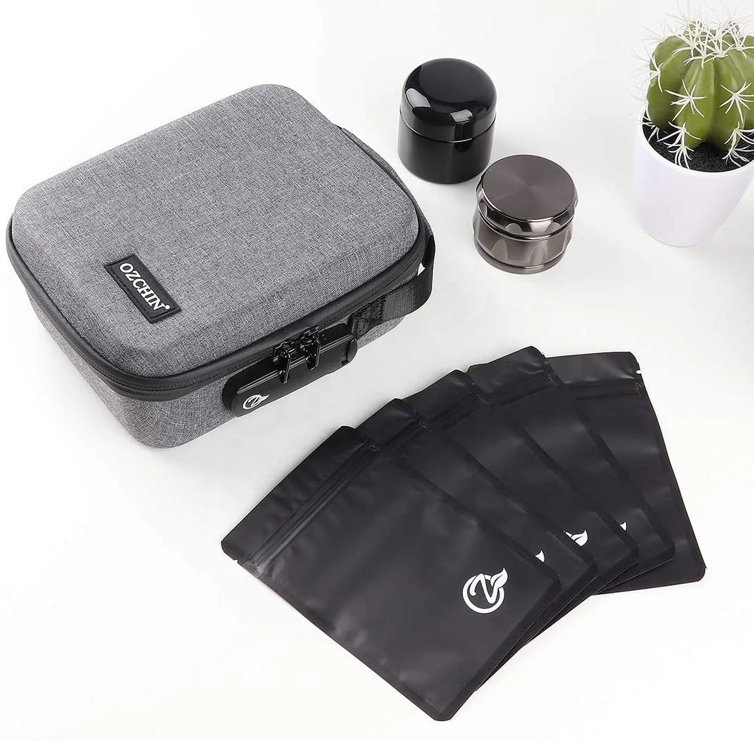 

Activated Carbon Lining Waterproof With Combination Lock Jar Grinder For Weed For Smoking Travel Smell Proof Eva Case Bag, Pantone color is ok
